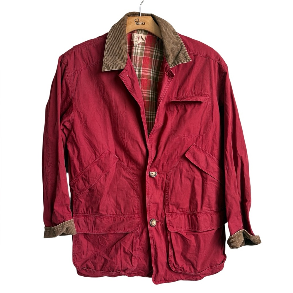Vintage J.Crew Red Barn Jacket Corduroy Collar Plaid Lined Field Coat Small - Picture 1 of 5